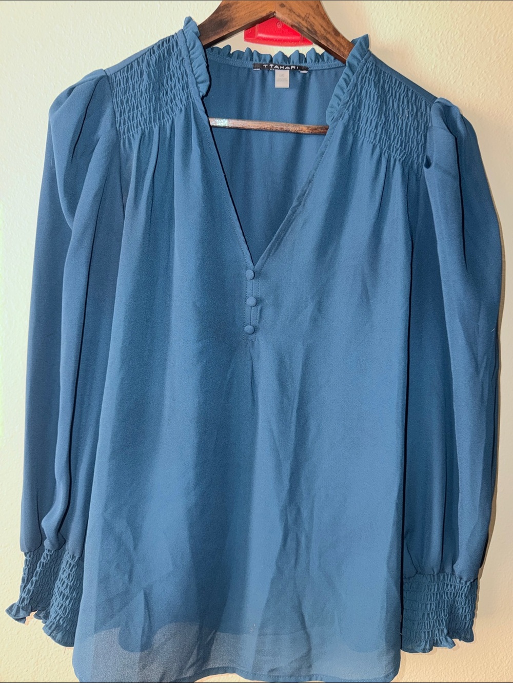 T Tahari Slate Blue Smocked V-Neck Blouse